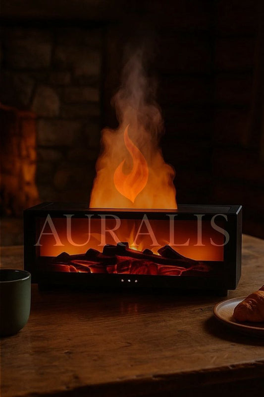 AURALIS Alev Efektli Aroma Difüzör – Esans Yağı Dahil, 7 Işık Modu, USB Şarjlı SİYAH