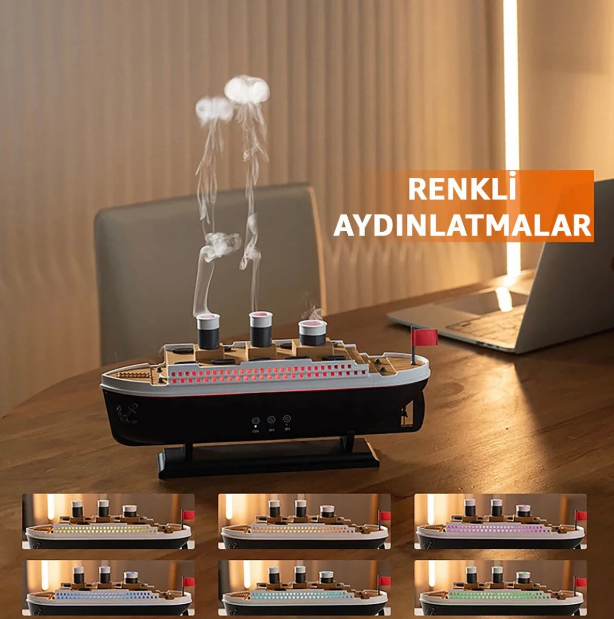 AURALIS Gemi Hava Nemlendirici - 250ml Kumandalı Işıklı Buhar Makinesi